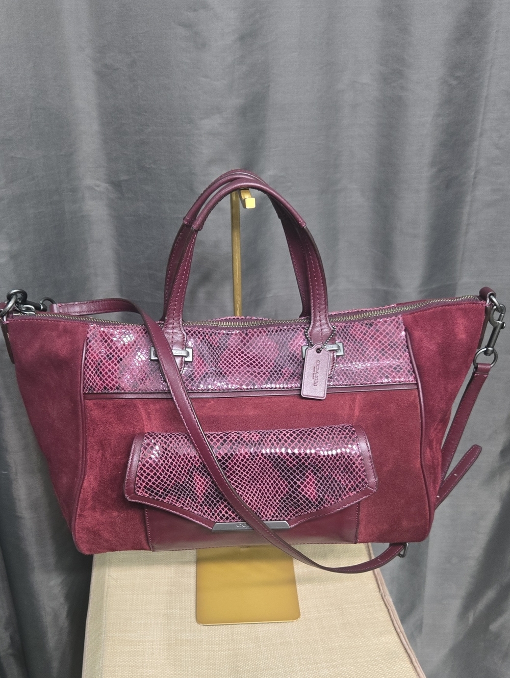 Coach Burgundy Suede & Snakeskin Accent Shoulder Bag